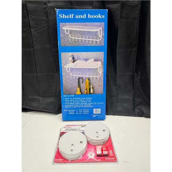 New in Box Shelf with Hooks and 2pk Smoke Alarm