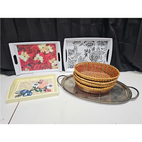 Lot of Assorted Baskets and Trays (Inc. 4 Wicker Christmas Baskets, Silver Plated Tray, etc.)