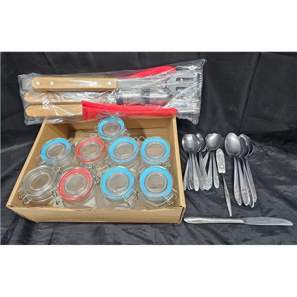 Lot of Assorted Kitchen Items (Includes Jars, Cutlery, and New BBQ Set)