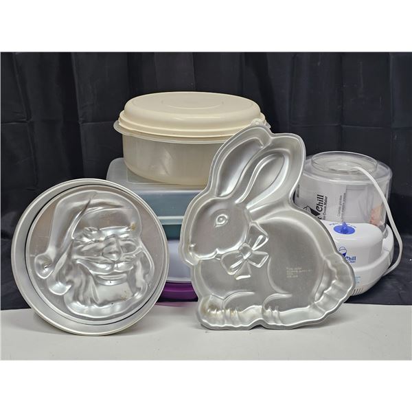 Lot of Assorted Kitchen Items (including (2) cake pans, Working Ice-cream Maker, (3) Storage Contain