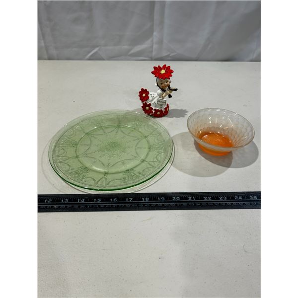 Vintage Cameo depression glass plate, frosted glass cup and 1 Giftcraft ornament