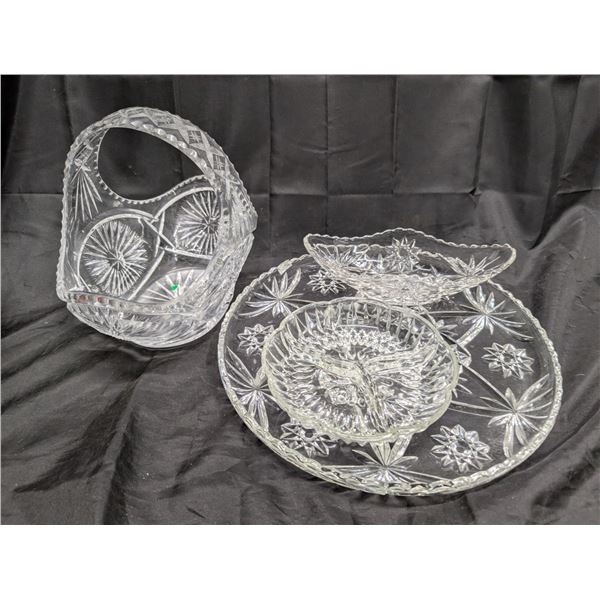 Lot of Various Glass Food Trays and Crystal Basket Design