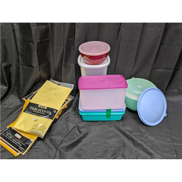 Lot of Misc. Tubber ware and Table Cloths