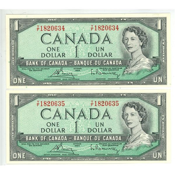 (2) 1954 Canadian One Dollar Bills, Uncirculated, Consecutive Numbers)