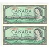 Image 1 : (2) 1954 Canadian One Dollar Bills, Uncirculated, Consecutive Numbers)
