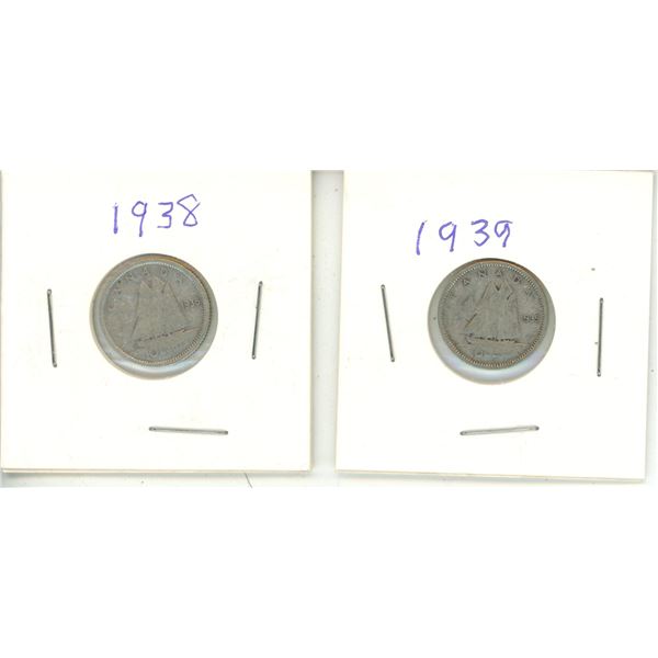 (2) Canadian Ten Cent Coins, Consecutive 1938 and 1939. 80% Silver