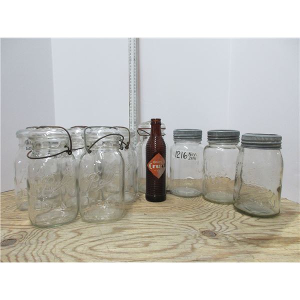 Lot of Sealer Jars and 1 Orange Crush Bottle