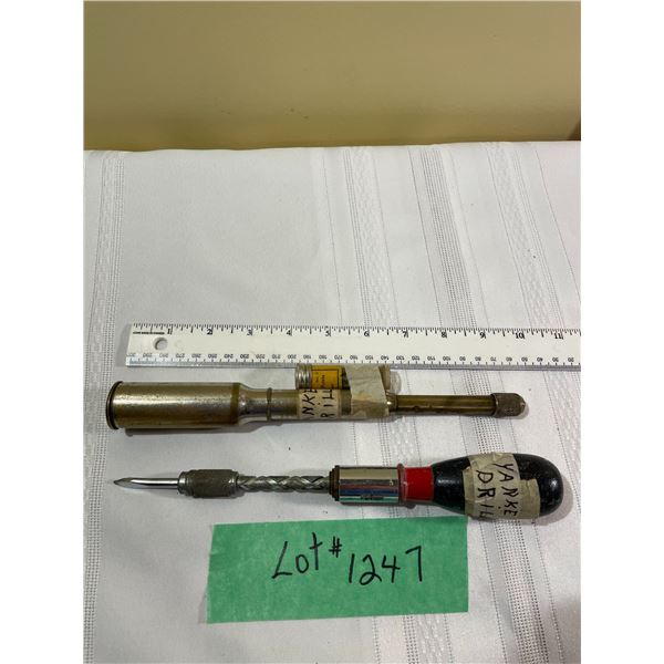 (1) Black Handle Yanke Drill with bit , (1) Metal Yanke Drill with container of bits