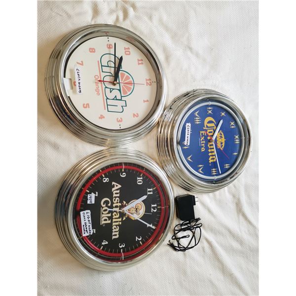 3 Ad Clocks Lightworks on one 2 clocks Working 14"