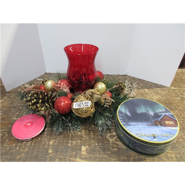 Christmas Table Décor, Christmas Tin and Pink Cd player