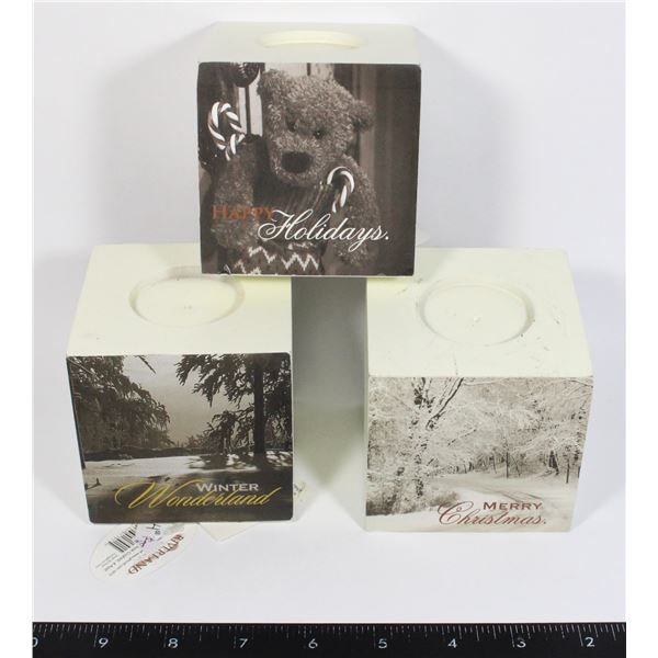 3 WINTER/CHRISTMAS THEMED CANDLE HOLDERS
