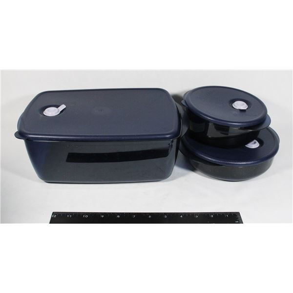 THREE BLUE MATCHING TUPPERWARE CONTAINERS WITH