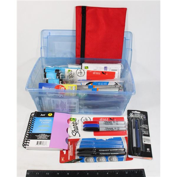 SMALL TOTE OF OFFICE SUPPLIES INCLUDING PAPER