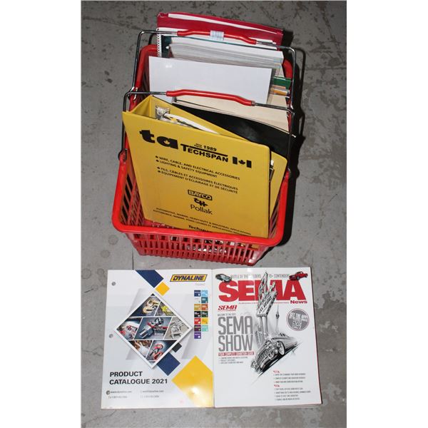 BASKET OF PARTS MANUALS AND AUTOMOTIVE BOOKS