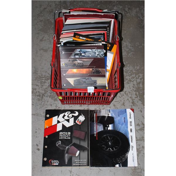 BASKET OF PARTS MANUALS AND AUTOMOTIVE BOOKS