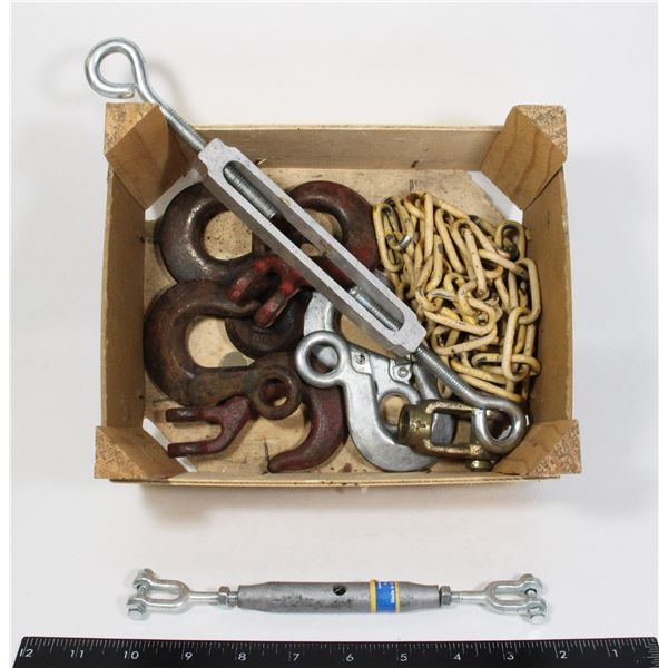 BOX OF ASSORTED HOOKS, CHAIN, AND MORE
