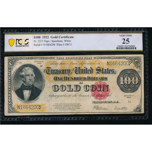 1922 $100 Gold Certificate PCGS 25