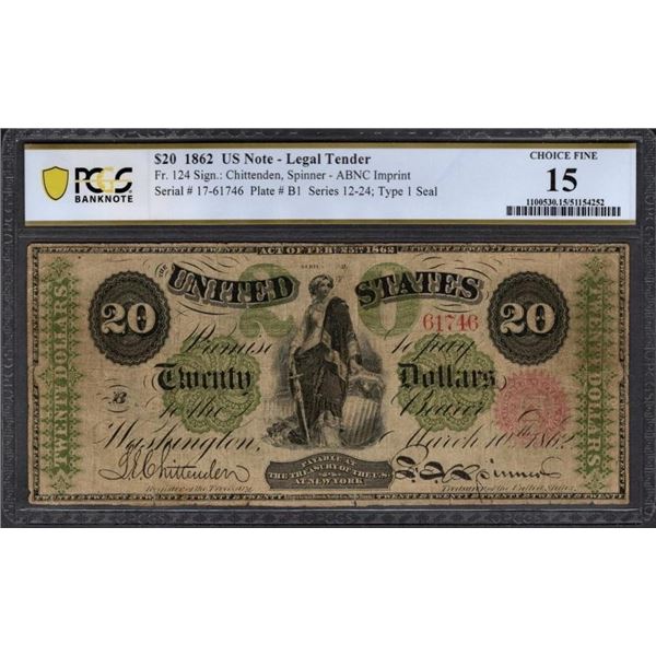 1862 $20 Legal Tender Note PCGS 15