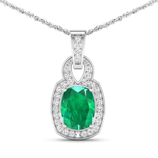 14KT White Gold 1.74ctw Zambian Emerald and Diamond Pendant