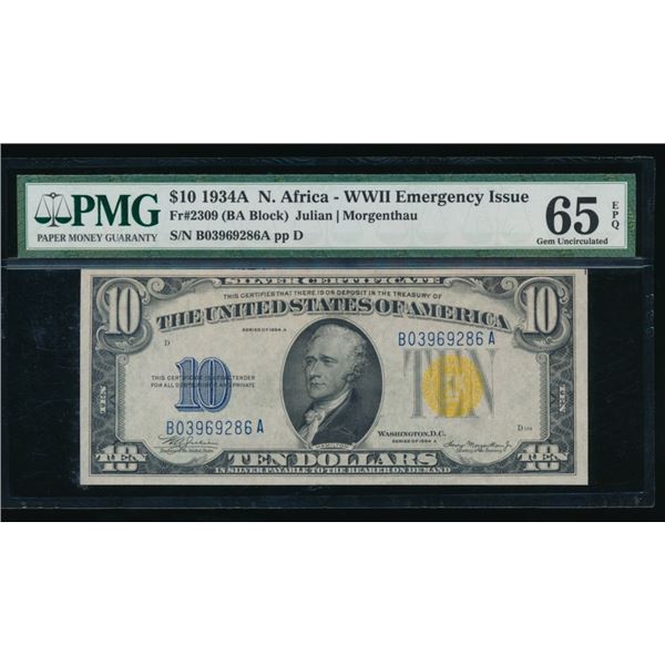 1934A $10 N Africa Silver Certificate PMG 65EPQ