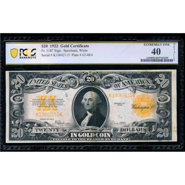 1922 $20 Gold Certificate PCGS 40