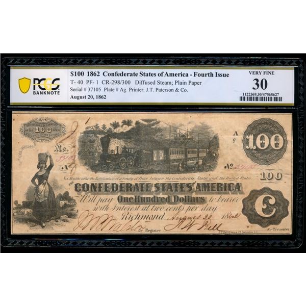 1862 $100 T-40 Confederate PCGS 30