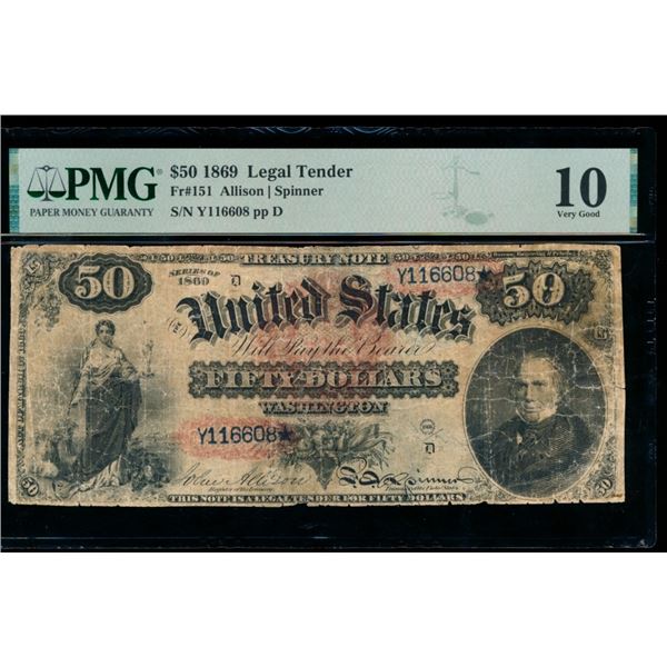 1869 $50 Legal Tender Note PMG 10