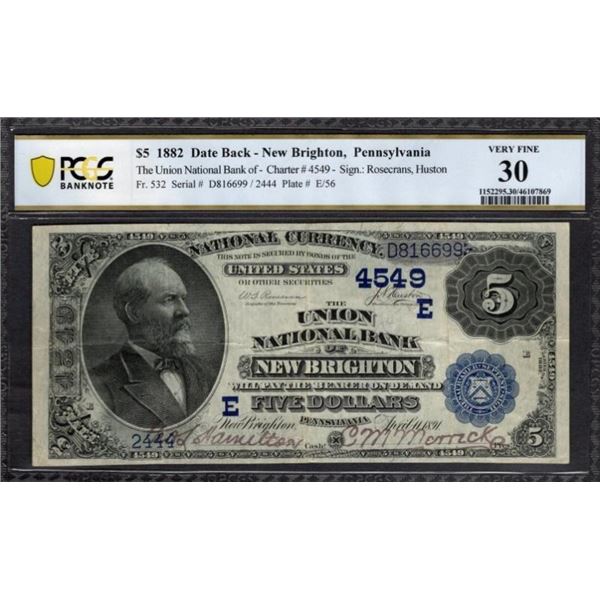 1882 $5 New Brighton PA National PCGS 30