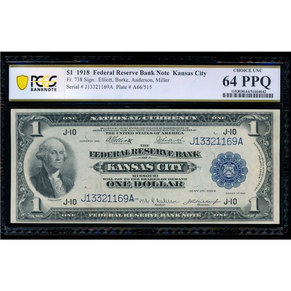 1918 $1 Kansas City FRBN PCGS 64PPQ