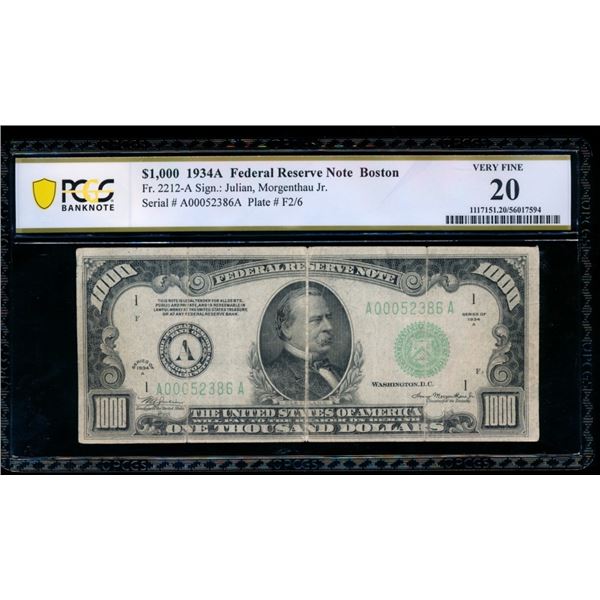 1934A $1000 Boston FRN PCGS 20