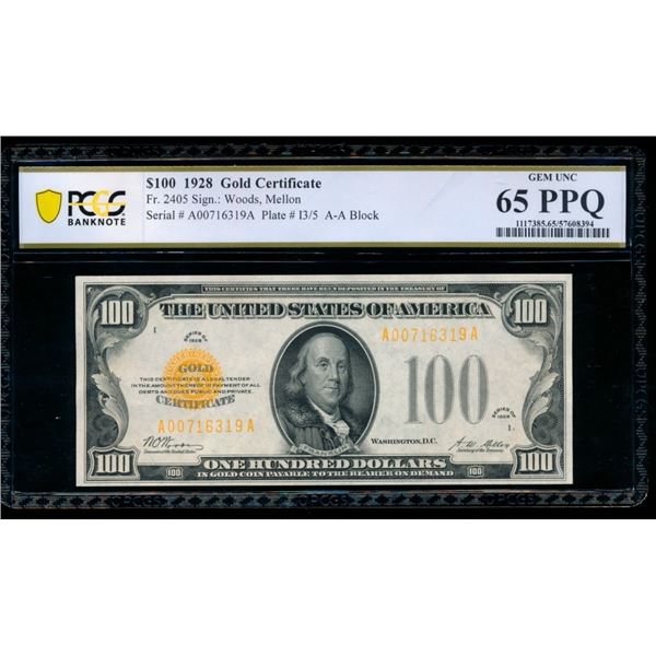 1928 $100 Gold Certificate PCGS 65PPQ
