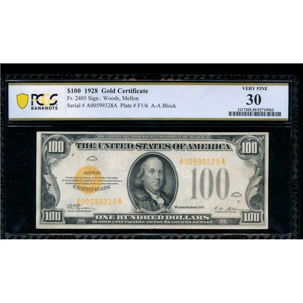 1928 $100 Gold Certificate PCGS 30