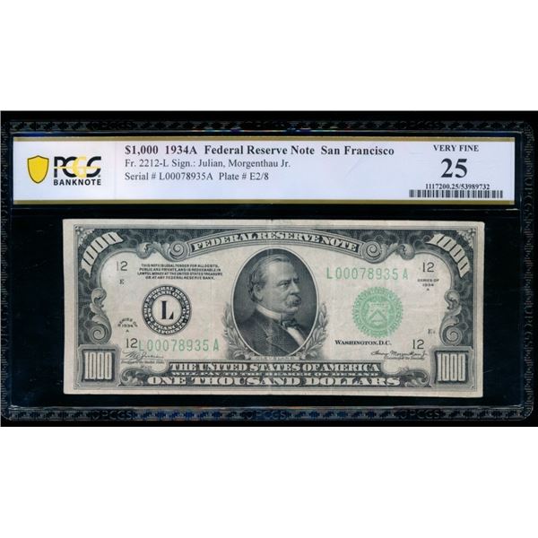 1934A $1000 San Francisco FRN PCGS 25