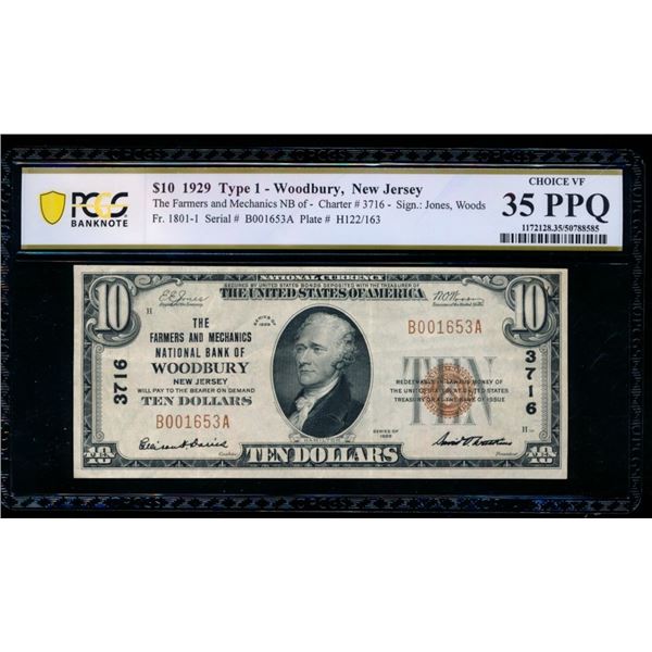 1929 $10 Woodbury NJ National PCGS 35PPQ
