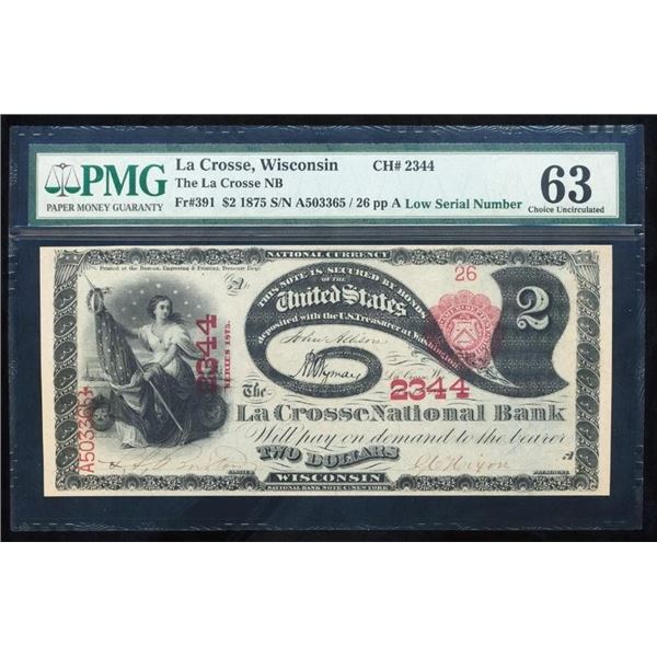 1875 $2 Lazy Deuce Low Serial La Crosse WI PMG 63