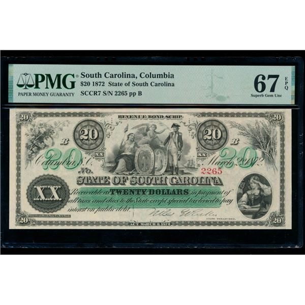 1872 $20 Columbia SC Obsolete PMG 67EPQ