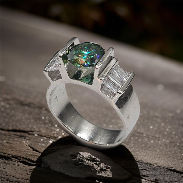 14 Kt White Gold Plated 3.25ct Paraiba Green Fire Moissanite Ring