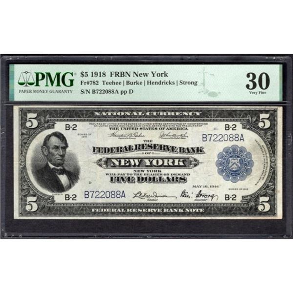 1918 $5 New York FRBN PMG 30