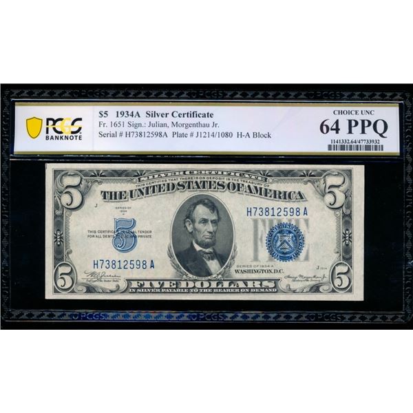 1934A $5 Silver Certificate PCGS 64PPQ