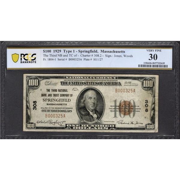 1929 $100 Springfield MA National PCGS 30
