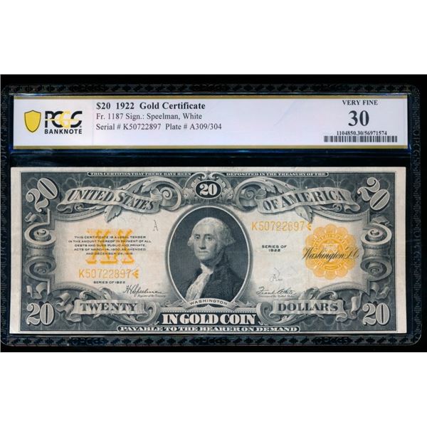 1922 $20 Gold Certificate PCGS 30