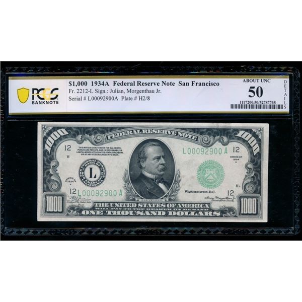 1934A $1000 San Francisco FRN PCGS 50