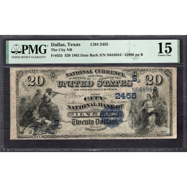 1882 $20 Dallas TX National PMG 15