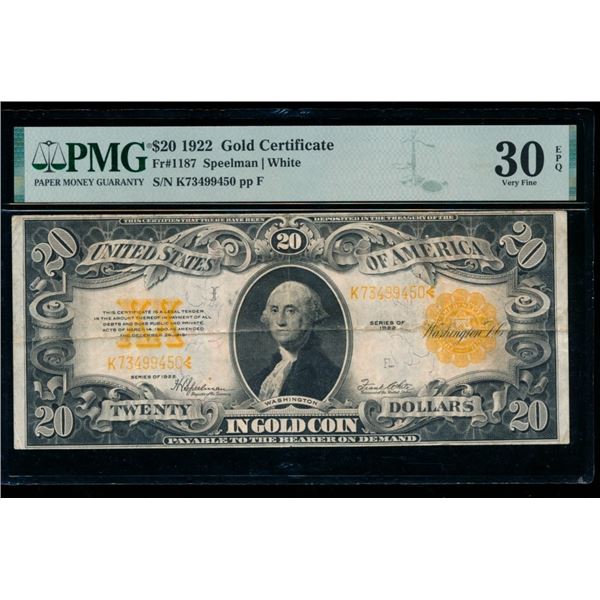 1922 $20 Gold Certificate PMG 30EPQ