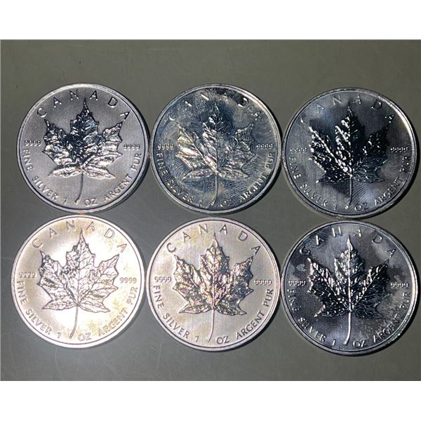 Lot of 6 - 2009 $5 Canadian Maple, 1oz, 0.999 Fine Silver Rounds