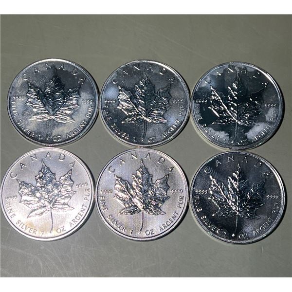 Lot of 6 - 2009 $5 Canadian Maple, 1oz, 0.999 Fine Silver Rounds