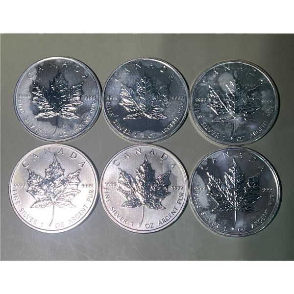 Lot of 6 - 2009 $5 Canadian Maple, 1oz, 0.999 Fine Silver Rounds