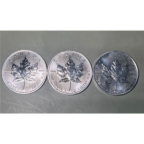 Lot of 3 - 2013 $5 Canadian Maple, 1oz, 0.999 Fine Silver Rounds