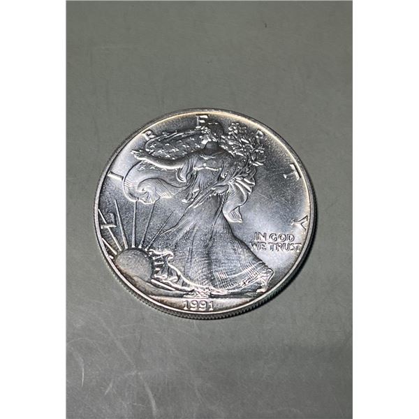 1991 $1 American 1oz, 0.999 Pure Silver Eagle Round.