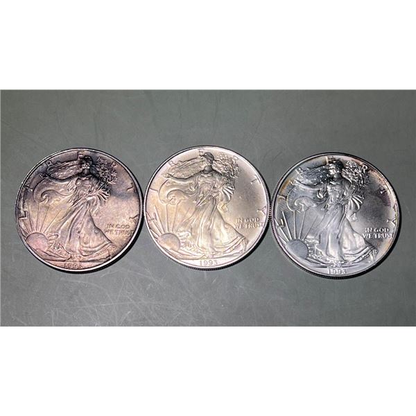 Lot of 3 - 1993 $1 American 1oz, 0.999 Pure Silver Eagle Rounds.